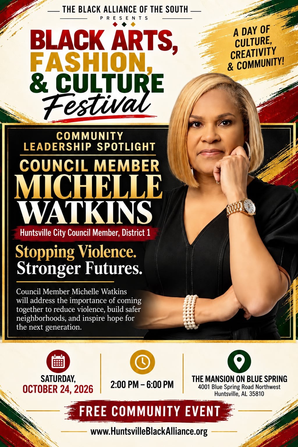 Community Leadership Spotlight: Michelle Watkins, Huntsville City Council Member, District 1. Stopping Violence. Stronger Futures. October 24, 2026, 2–6 PM at The Mansion on Blue Spring.