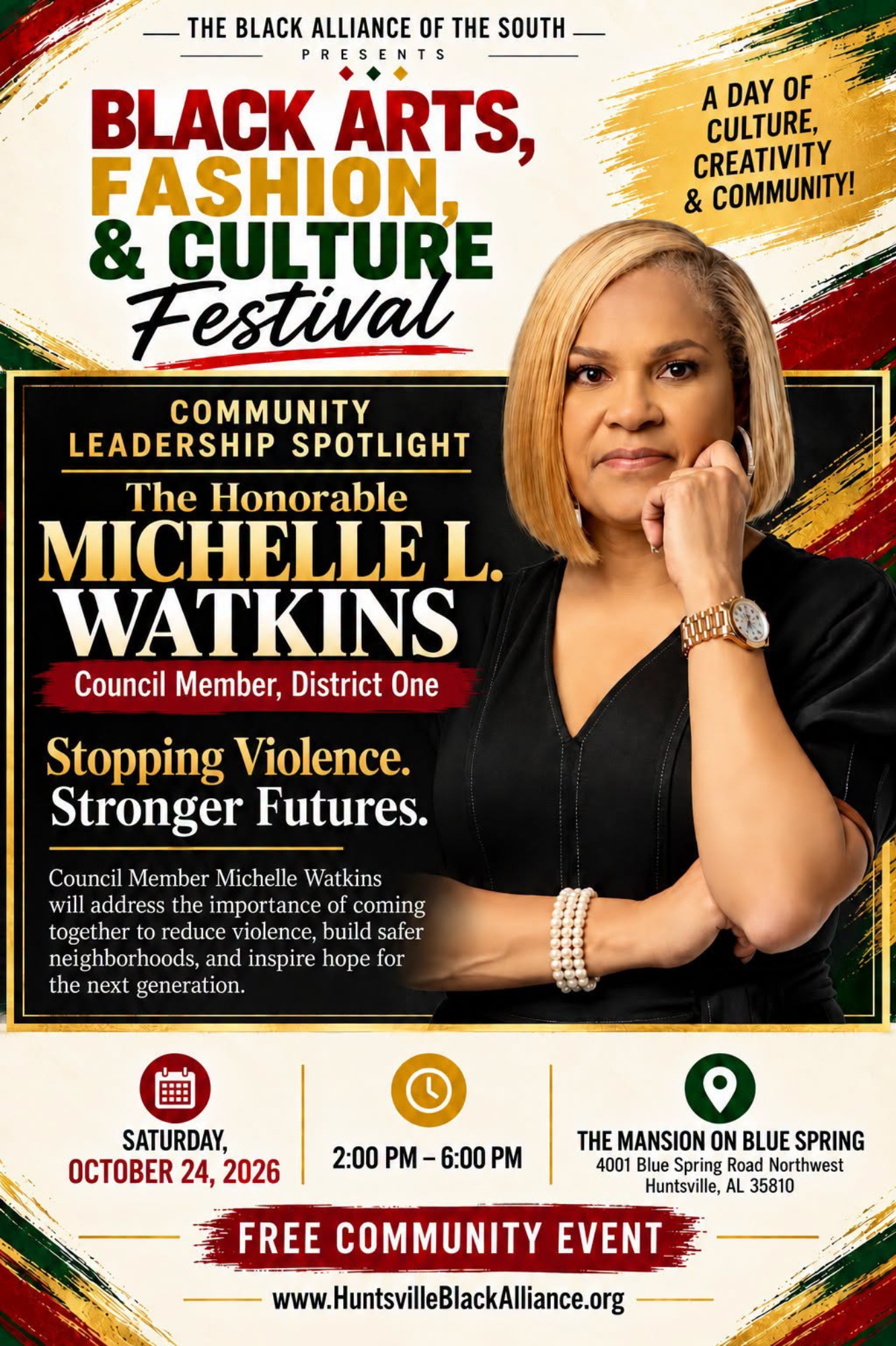 Community Leadership Spotlight: Michelle Watkins, Huntsville City Council Member, District 1. Stopping Violence. Stronger Futures. October 24, 2026, 2–6 PM at The Mansion on Blue Spring.