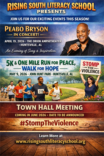 Rising South historical events flyer showing a Peabo Bryson concert, Run for Hope Walk for Peace, and town hall plans